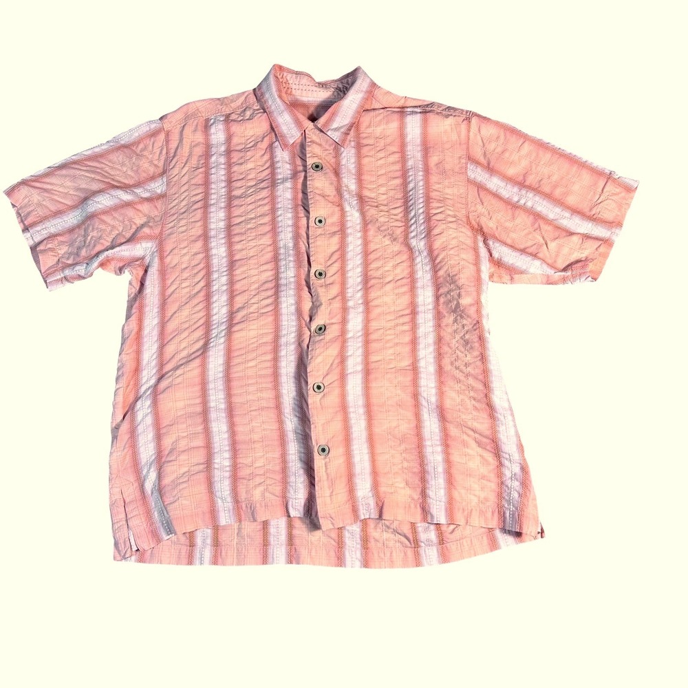Tommy Bahama Button Up Shirt Mens Medium Coral Striped 100% Silk Short Sleeve - Picture 2 of 9